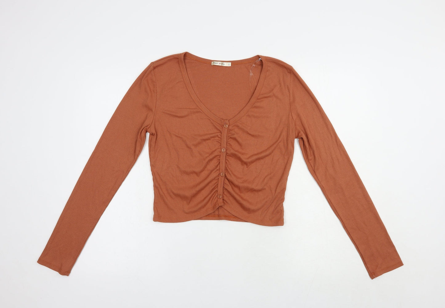 Heart & Hips Womens Brown  Viscose Basic T-Shirt Size L V-Neck