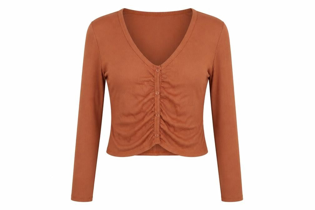 Heart & Hips Womens Brown  Viscose Basic T-Shirt Size L V-Neck