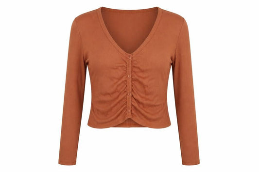 Heart & Hips Womens Brown  Viscose Basic T-Shirt Size L V-Neck