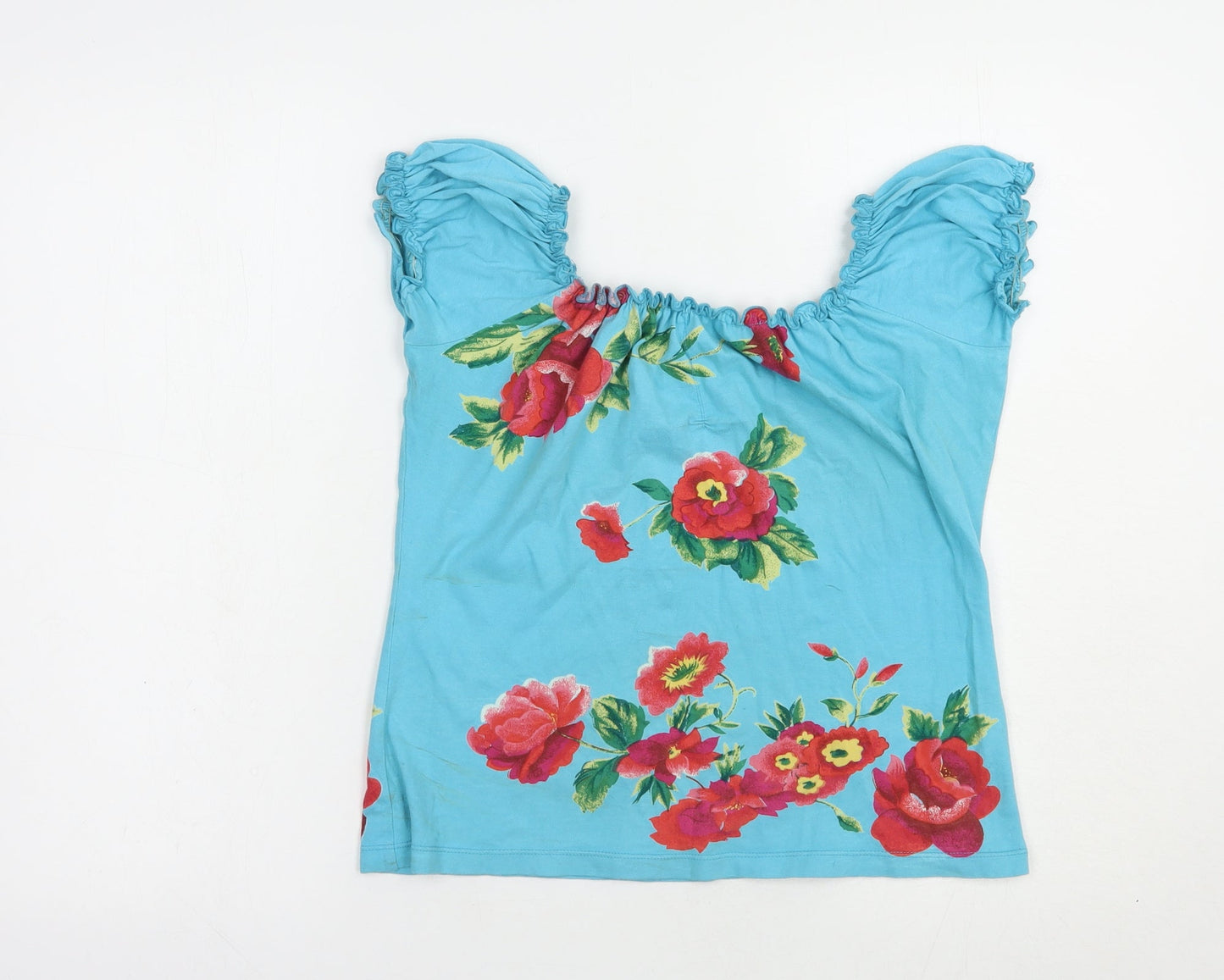 Forever Young Womens Blue Floral Cotton Basic Blouse Size M Off the Shoulder