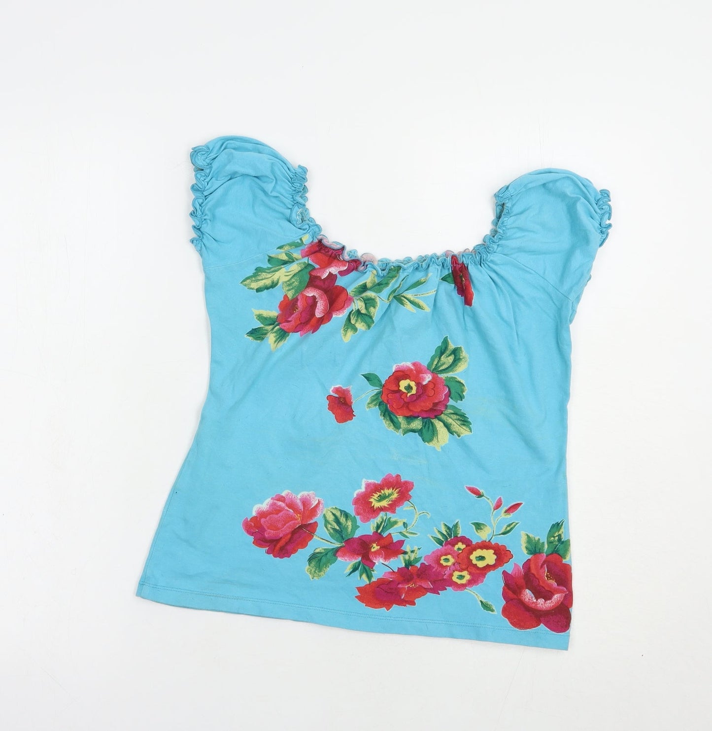 Forever Young Womens Blue Floral Cotton Basic Blouse Size M Off the Shoulder
