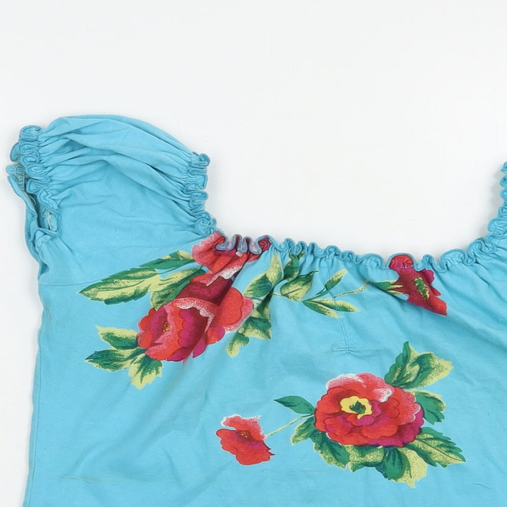Forever Young Womens Blue Floral Cotton Basic Blouse Size M Off the Shoulder
