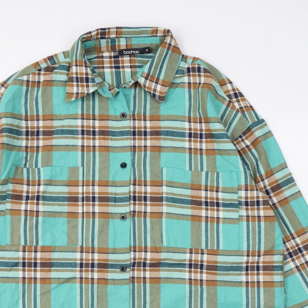 Boohoo Mens Green Plaid Polyester  Button-Up Size M Collared Button