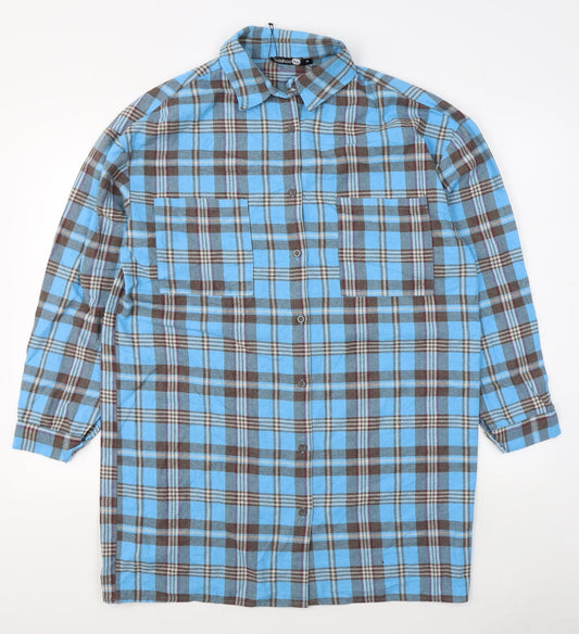Boohoo Mens Blue Plaid Polyester  Button-Up Size M Collared Button