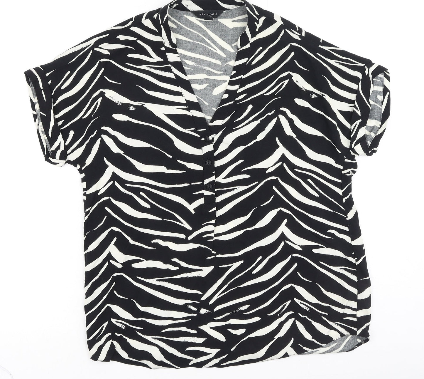 New Look Womens Black Animal Print Polyester Basic Blouse Size 6 V-Neck