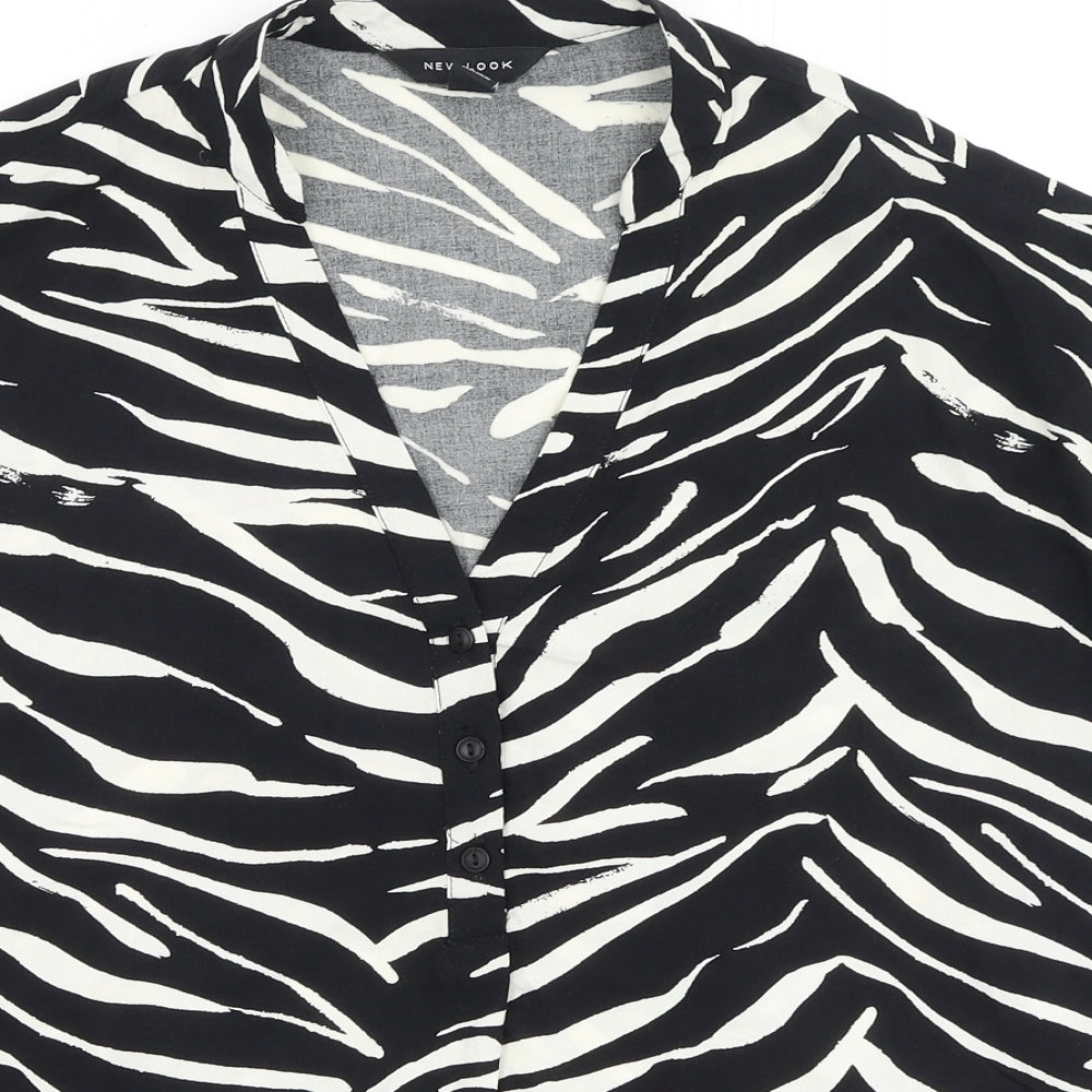 New Look Womens Black Animal Print Polyester Basic Blouse Size 6 V-Neck