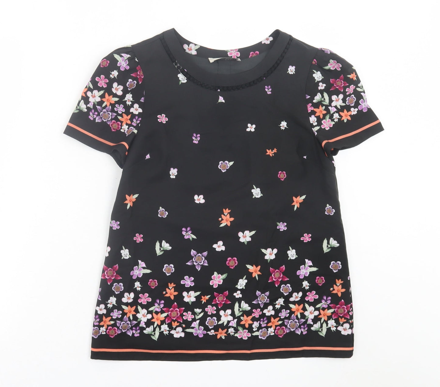 Oasis Womens Black Floral Polyester Basic T-Shirt Size 8 Crew Neck