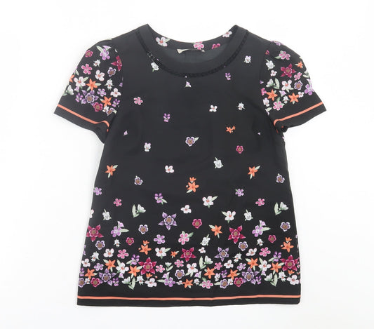 Oasis Womens Black Floral Polyester Basic T-Shirt Size 8 Crew Neck