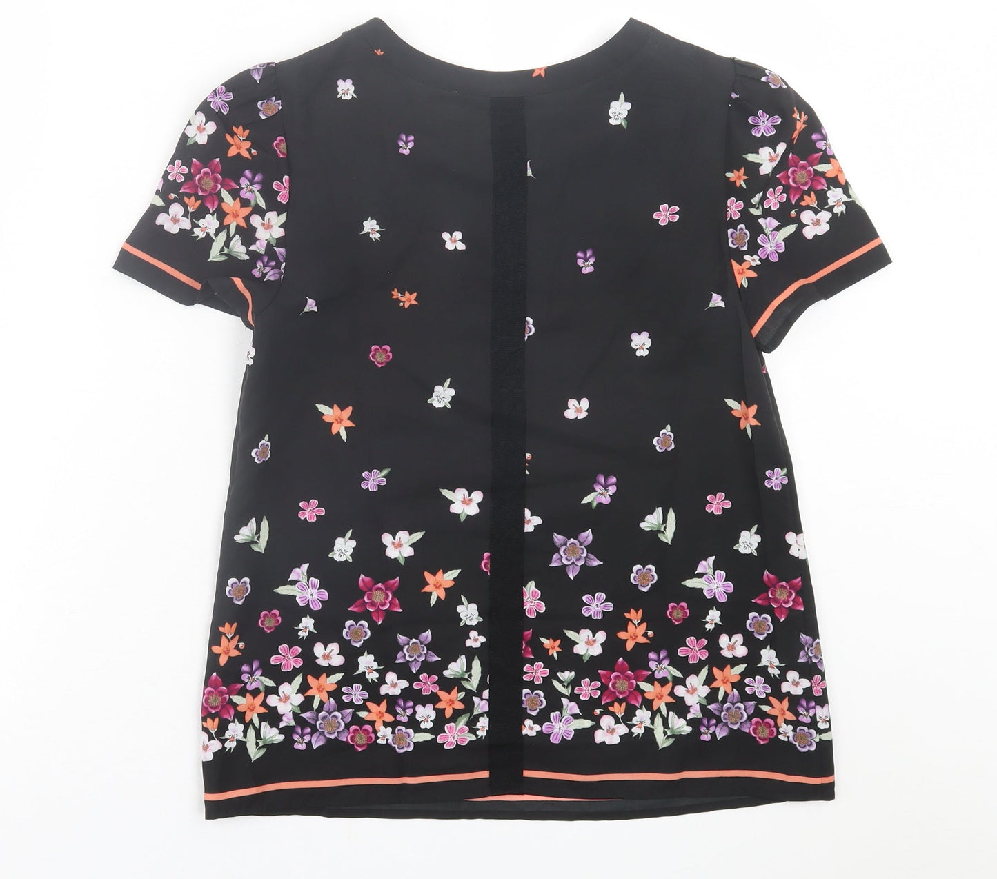 Oasis Womens Black Floral Polyester Basic T-Shirt Size 8 Crew Neck