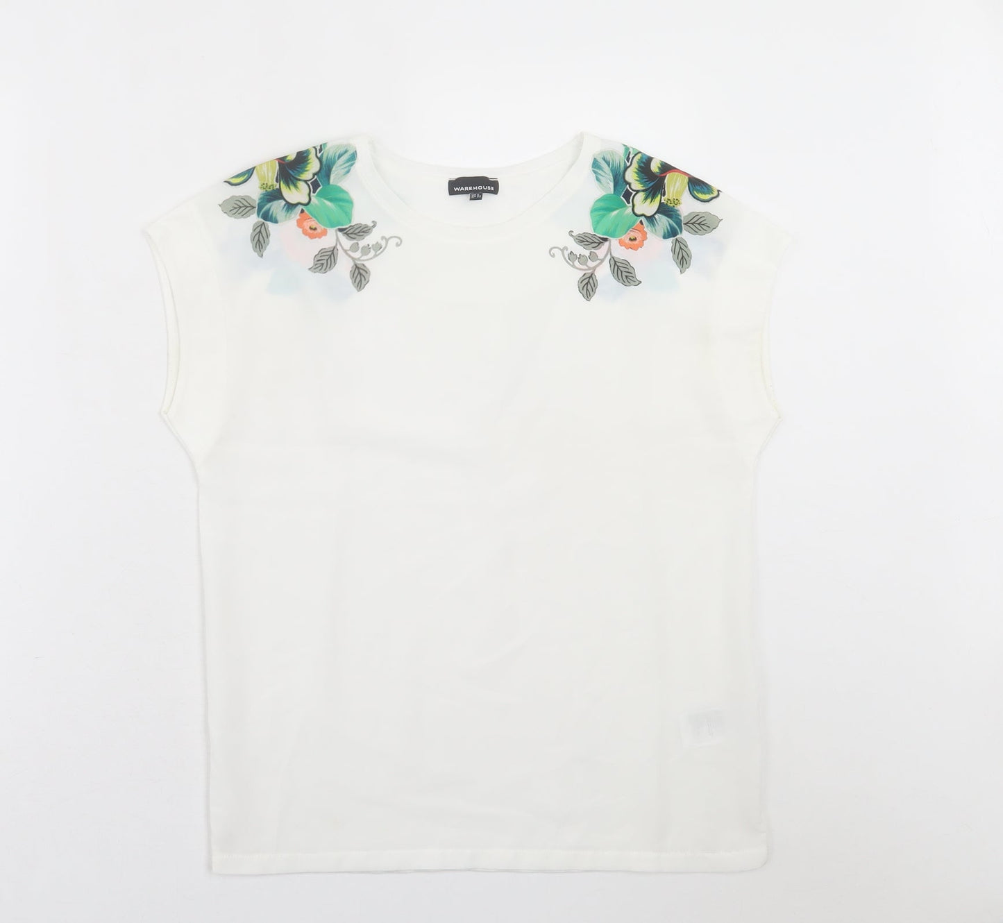 Warehouse Womens White Floral Polyester Basic T-Shirt Size 6 Crew Neck