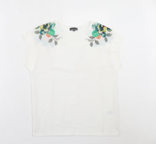 Warehouse Womens White Floral Polyester Basic T-Shirt Size 6 Crew Neck