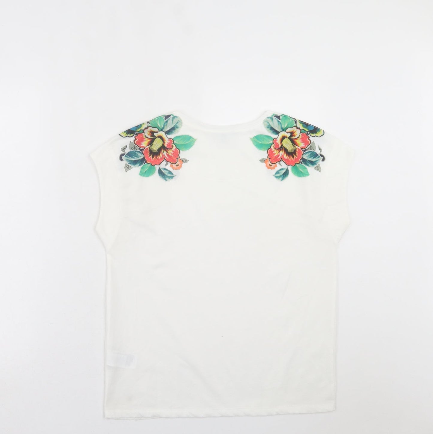 Warehouse Womens White Floral Polyester Basic T-Shirt Size 6 Crew Neck