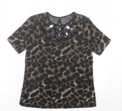 Warehouse Womens Brown Animal Print Acrylic Basic T-Shirt Size 8 Crew Neck