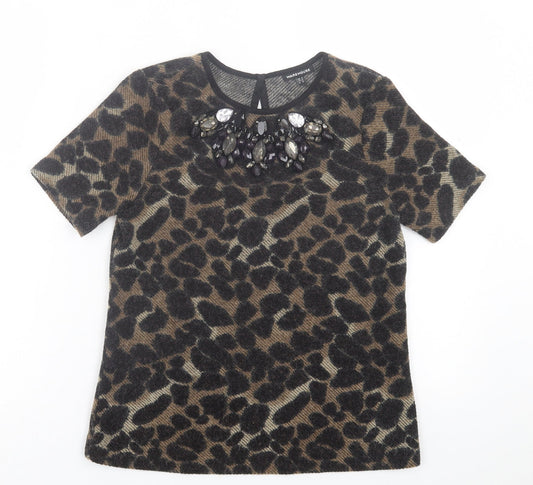 Warehouse Womens Brown Animal Print Acrylic Basic T-Shirt Size 8 Crew Neck