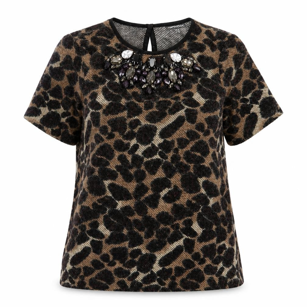 Warehouse Womens Brown Animal Print Acrylic Basic T-Shirt Size 8 Crew Neck