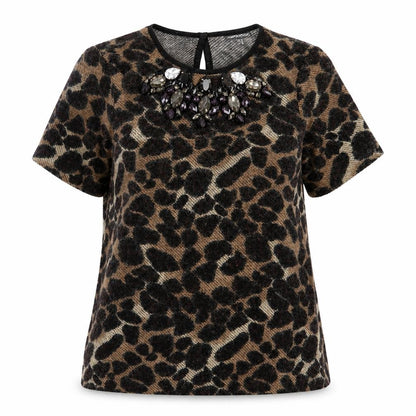 Warehouse Womens Brown Animal Print Acrylic Basic T-Shirt Size 8 Crew Neck