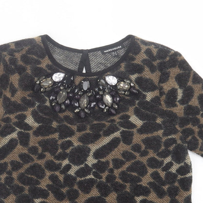 Warehouse Womens Brown Animal Print Acrylic Basic T-Shirt Size 8 Crew Neck