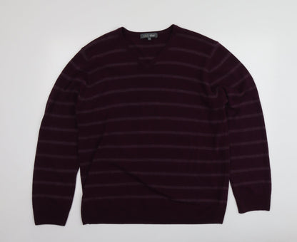 Preloved M&S Mens Purple V-Neck Striped Acrylic Pullover Jumper Size XL - Front