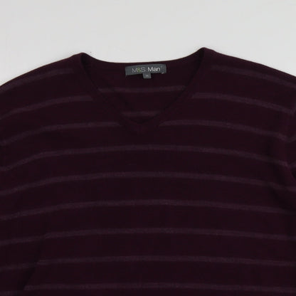 Preloved M&S Mens Purple V-Neck Striped Acrylic Pullover Jumper Size XL - Detail