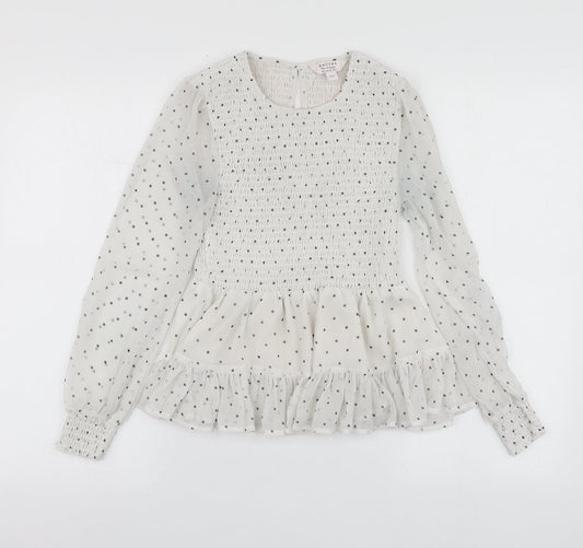 Petites Womens White Polka Dot Polyester Basic Blouse Size 6 Round Neck