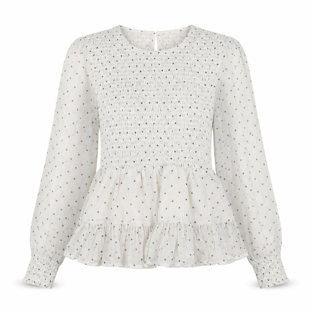 Petites Womens White Polka Dot Polyester Basic Blouse Size 6 Round Neck