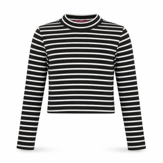 YD Girls Black Striped Viscose Basic T-Shirt Size 12-13 Years Round Neck
