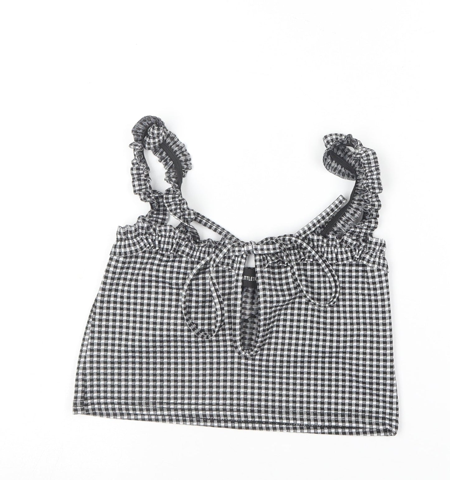 PRETTYLITTLETHING Womens Black Check Polyester Cropped T-Shirt Size 10 Square Neck
