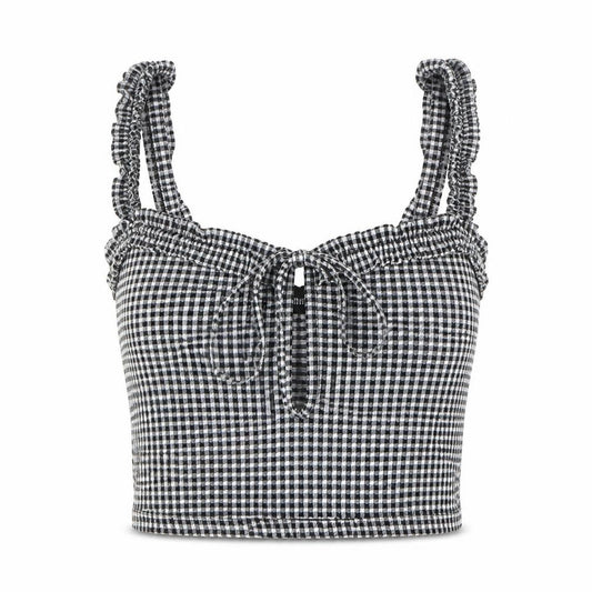 PRETTYLITTLETHING Womens Black Check Polyester Cropped T-Shirt Size 10 Square Neck