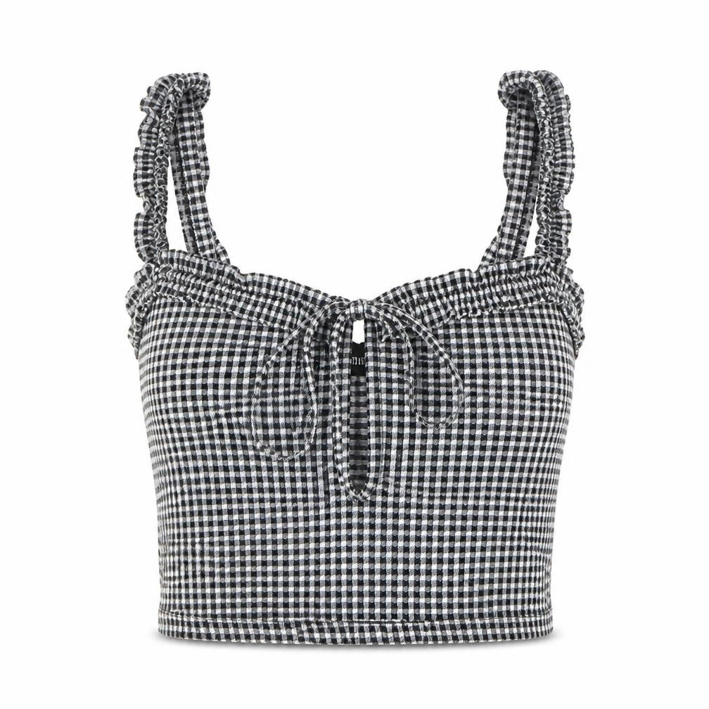 PRETTYLITTLETHING Womens Black Check Polyester Cropped T-Shirt Size 10 Square Neck