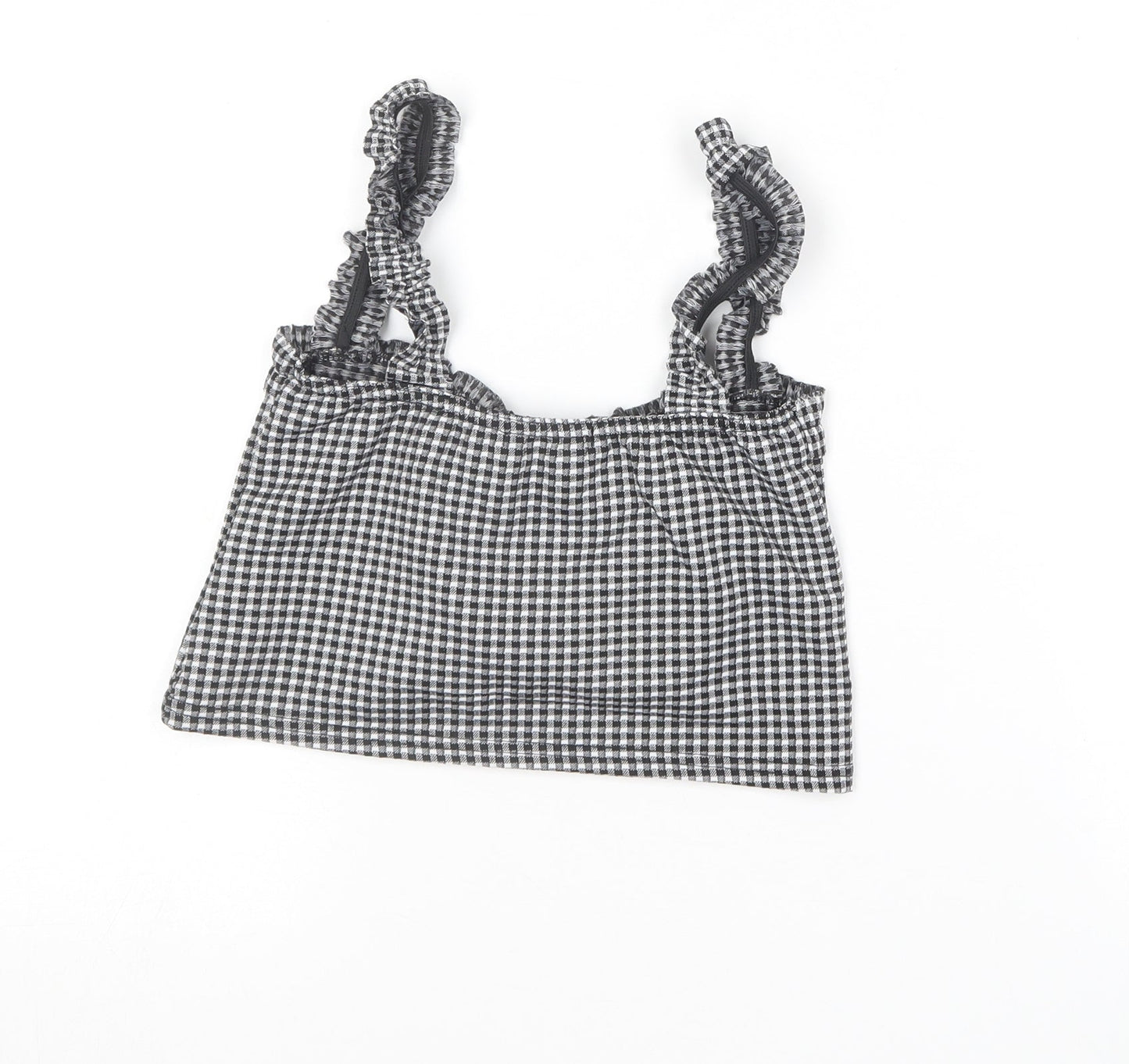 PRETTYLITTLETHING Womens Black Check Polyester Cropped T-Shirt Size 10 Square Neck