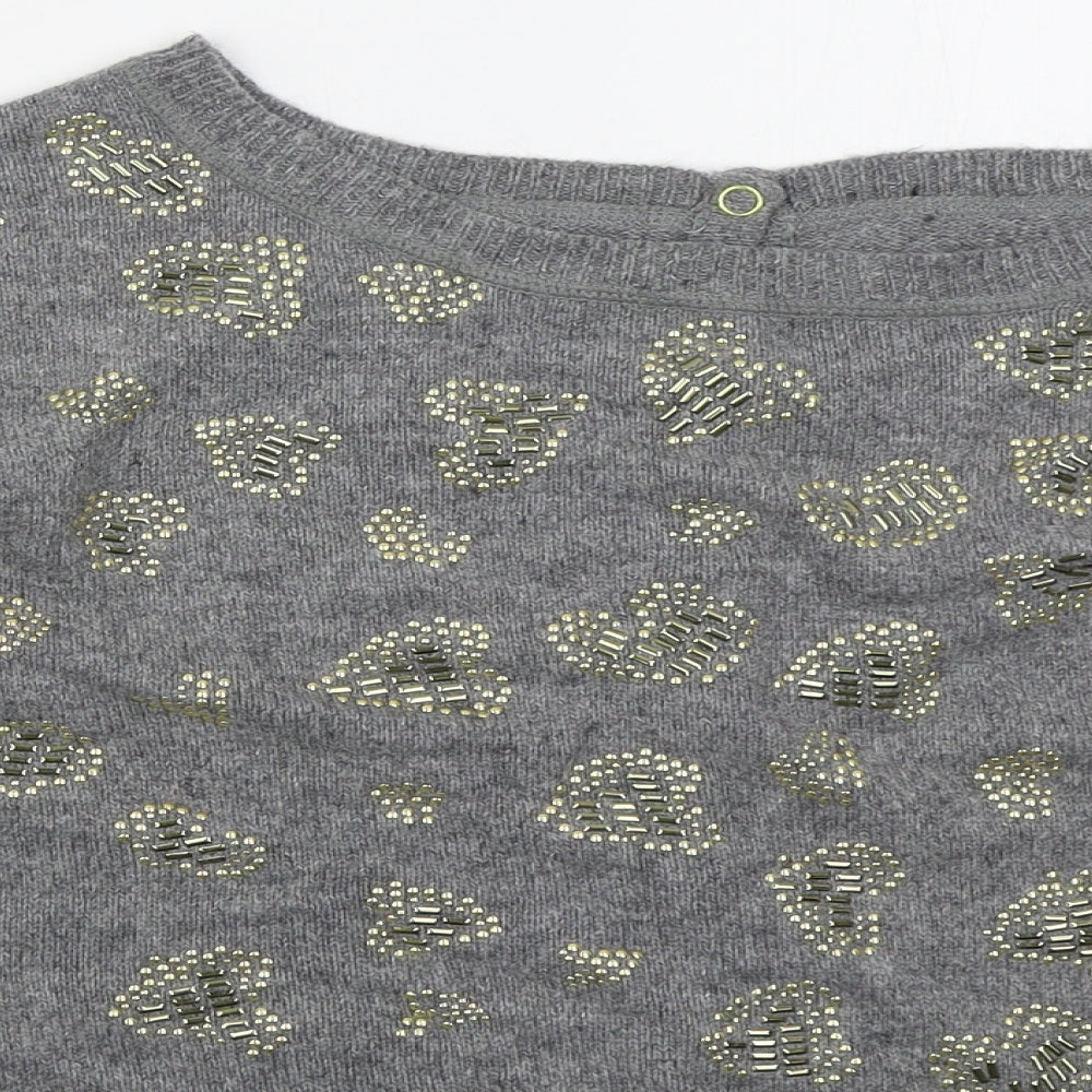 Preworn Womens Grey Boat Neck Animal Print Acrylic Pullover Jumper Size M