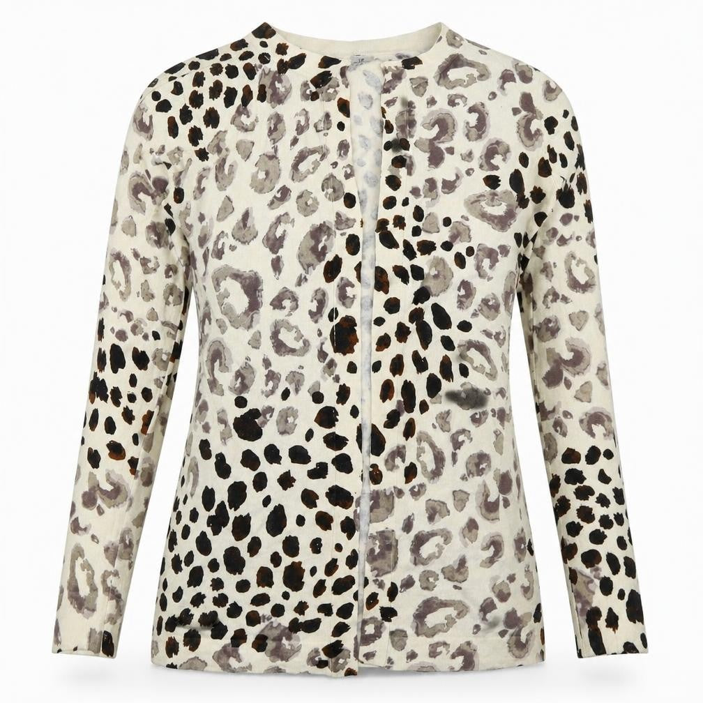 Preworn Womens Beige Roll Neck Animal Print Cotton Cardigan Jumper Size 12
