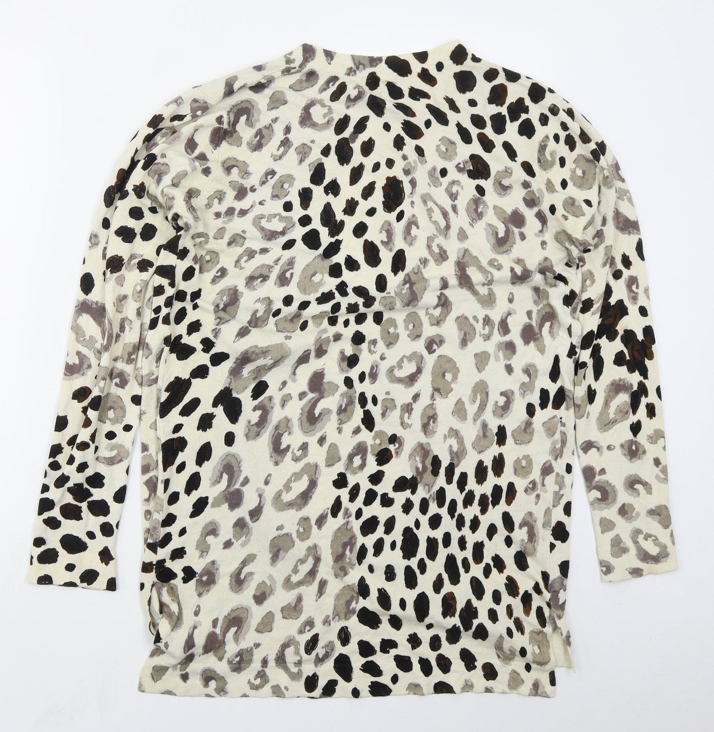 Preworn Womens Beige Roll Neck Animal Print Cotton Cardigan Jumper Size 12