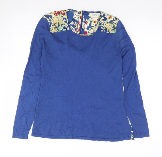 NEXT Womens Blue Floral Cotton Jersey Blouse Size 14 Roll Neck