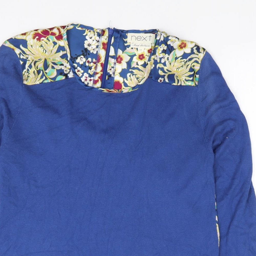 NEXT Womens Blue Floral Cotton Jersey Blouse Size 14 Roll Neck
