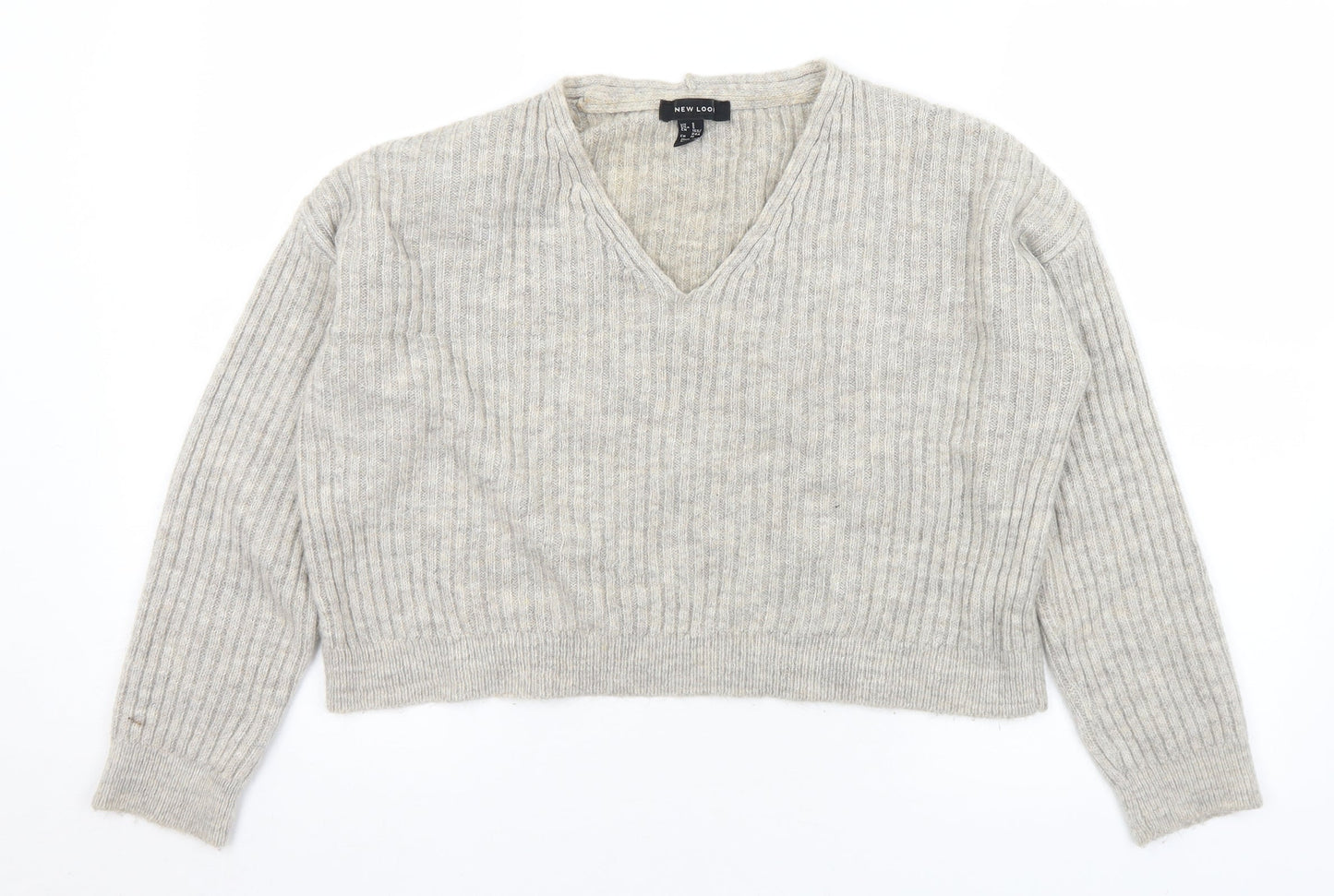 New Look Womens Grey V-Neck  Acrylic Pullover Jumper Size S