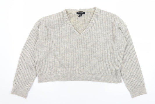New Look Womens Grey V-Neck  Acrylic Pullover Jumper Size S