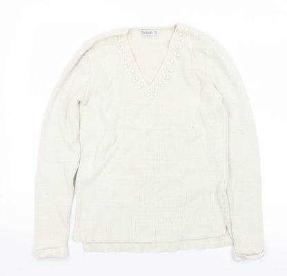 Gallery Womens Ivory V-Neck  Cotton Pullover Jumper Size S