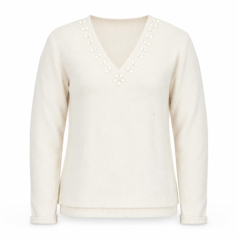 Gallery Womens Ivory V-Neck  Cotton Pullover Jumper Size S