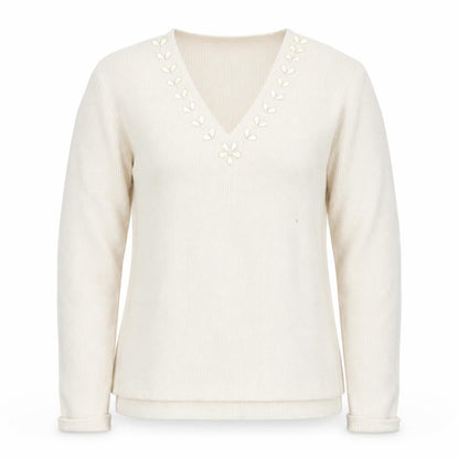 Gallery Womens Ivory V-Neck  Cotton Pullover Jumper Size S