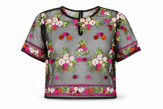 FOREVER 21 Womens Black Floral Polyester Cropped Blouse Size S Round Neck