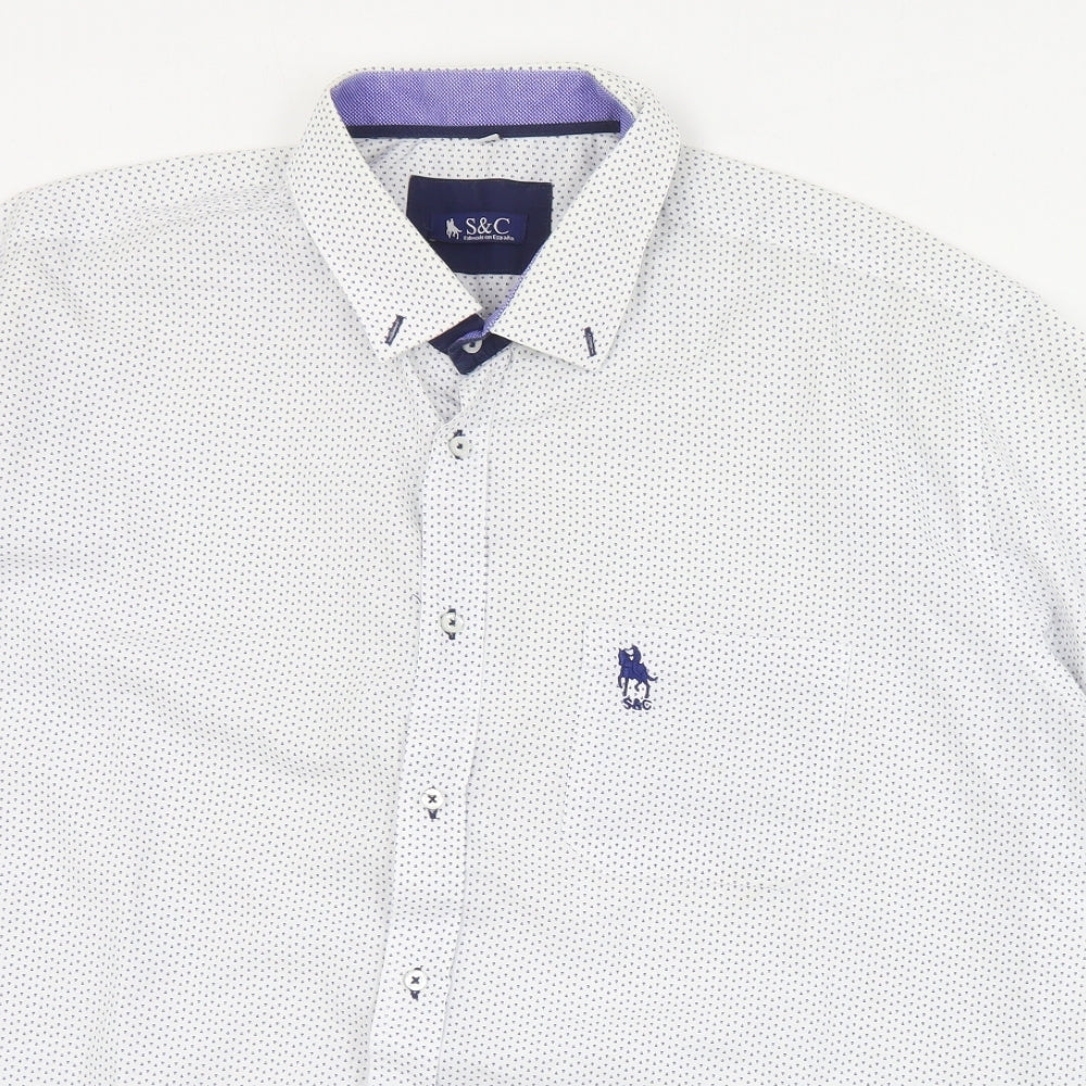 S&C Mens White Geometric Polyester  Button-Up Size L Collared Button