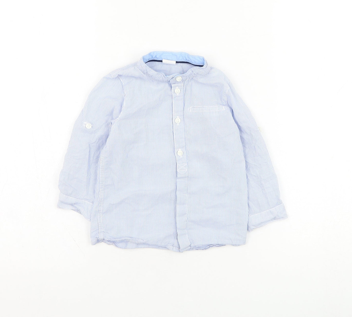 H&M Boys Blue Striped Polyester Basic Button-Up Size 12 Months Round Neck Button