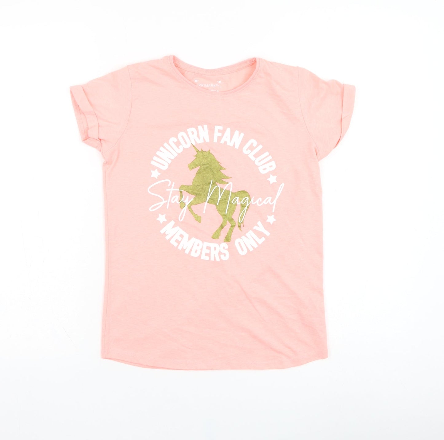 Primark Girls Pink  Polyester Basic T-Shirt Size 10-11 Years Round Neck Pullover - Unicorn