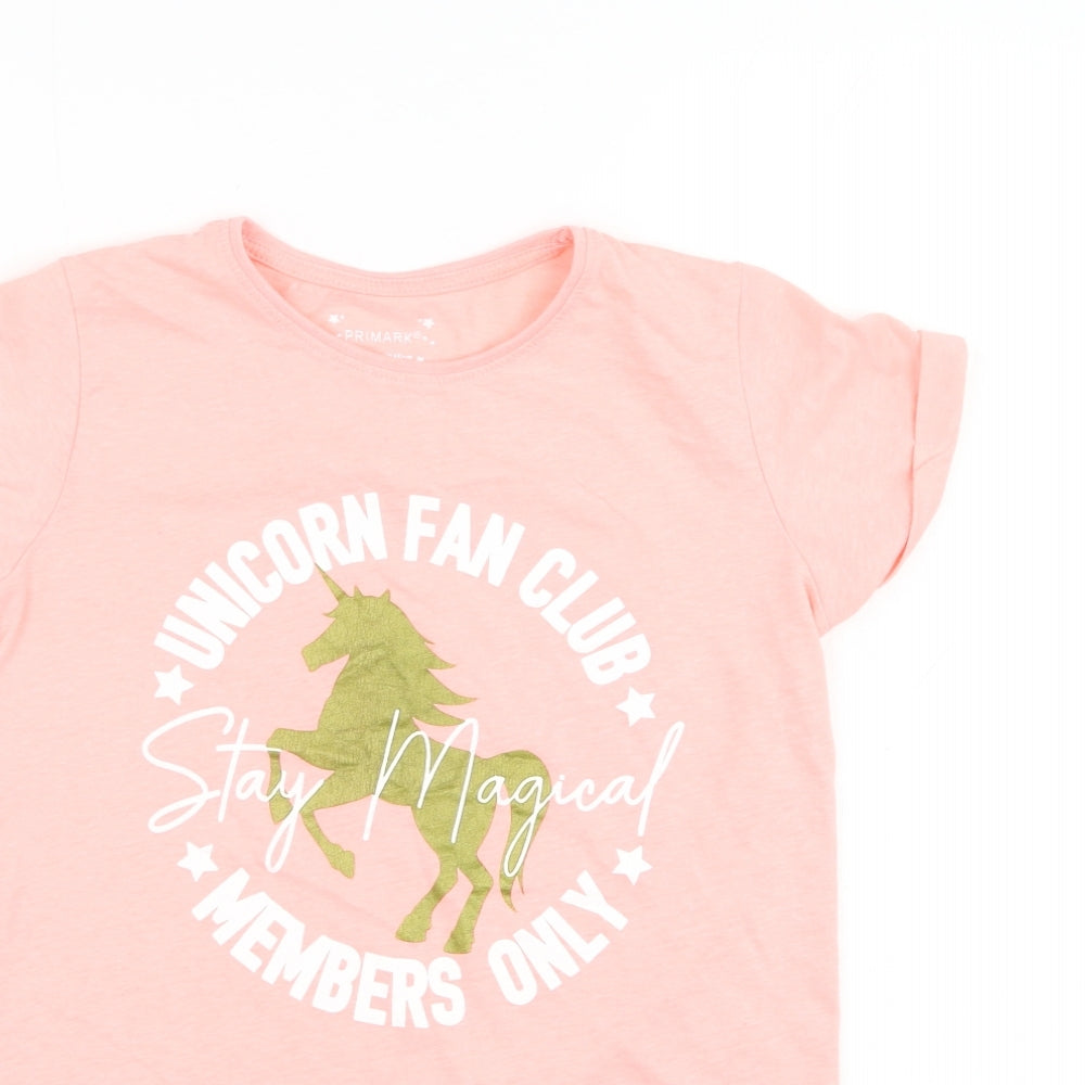 Primark Girls Pink  Polyester Basic T-Shirt Size 10-11 Years Round Neck Pullover - Unicorn