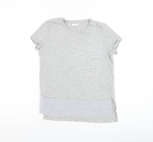 Preworn Girls Grey  Cotton Basic T-Shirt Size 11-12 Years Round Neck Pullover - Rule The World