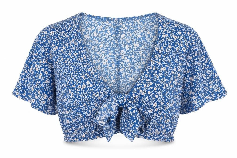 SheIn Womens Blue Floral Polyester Cropped Blouse Size S V-Neck