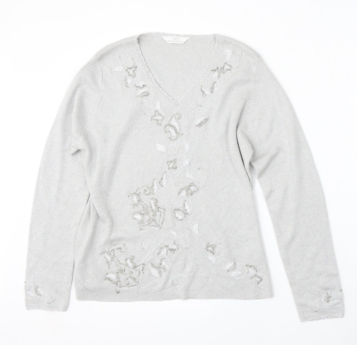 St Michael Womens Silver V-Neck  Polyester Pullover Jumper Size M