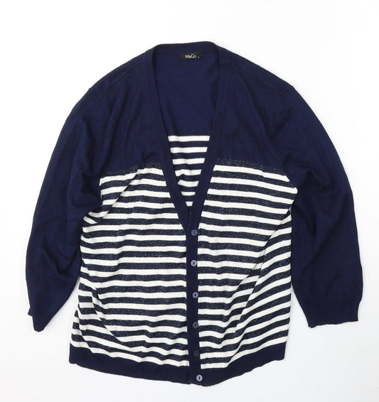 M&Co Womens Blue V-Neck Striped Viscose Cardigan Jumper Size L