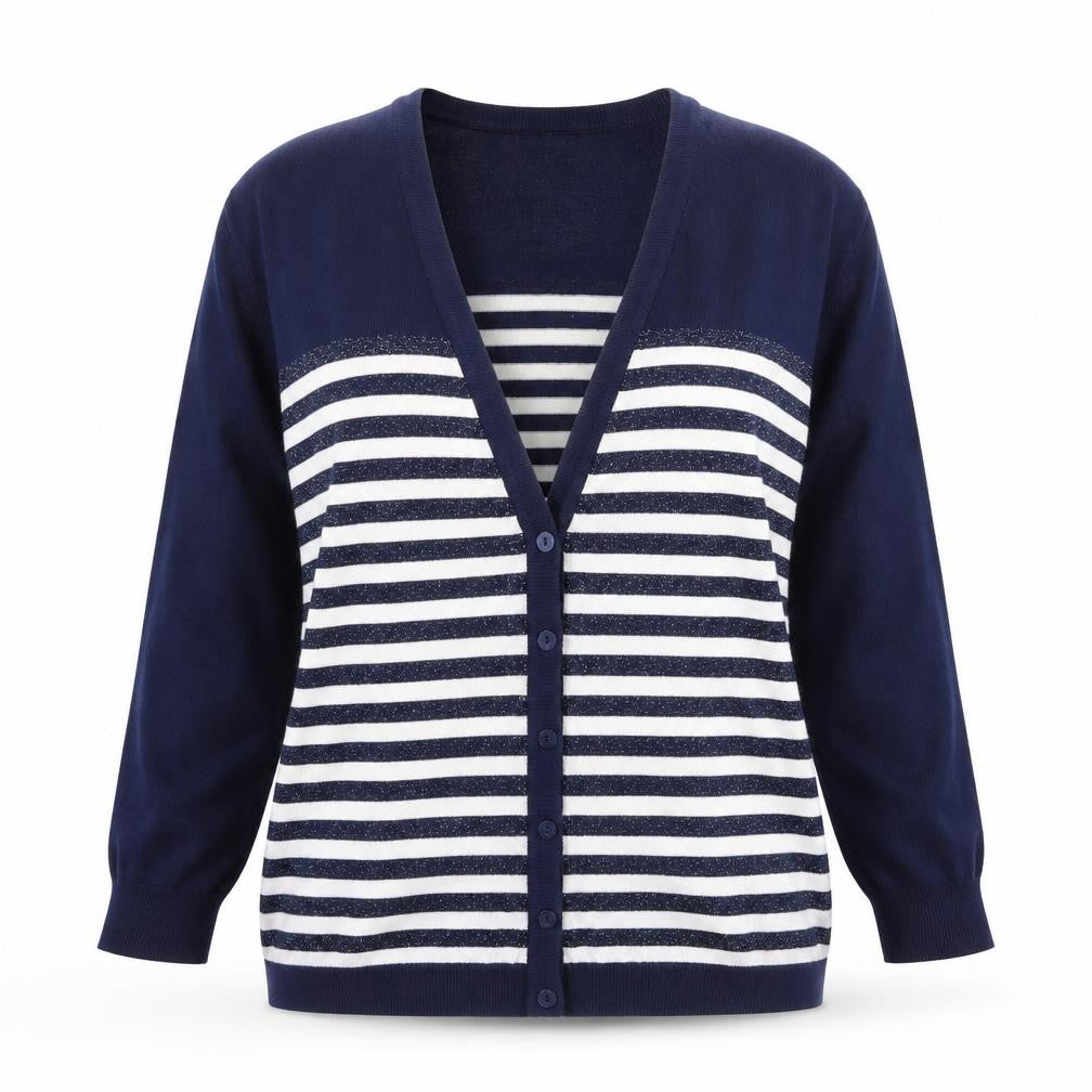 M&Co Womens Blue V-Neck Striped Viscose Cardigan Jumper Size L